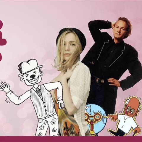 Omslagsbild för avsnitt 5 av podden Voffor Då Då med en collagebild med en tecknad gubbe, Lisa Ekdahl, Tomas Ledin samt en tecknad professor som får en elstöt
