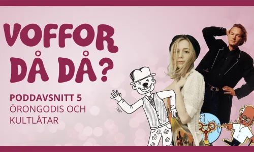 Omslagsbild för avsnitt 5 av podden Voffor Då Då med en collagebild med en tecknad gubbe, Lisa Ekdahl, Tomas Ledin samt en tecknad professor som får en elstöt
