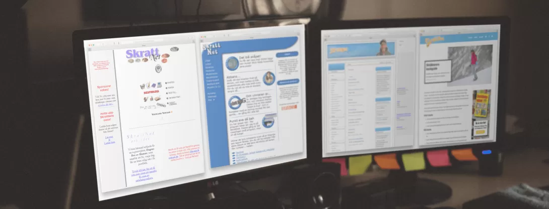 Två dataskärmar som visar fyra versioner av SkrattNet