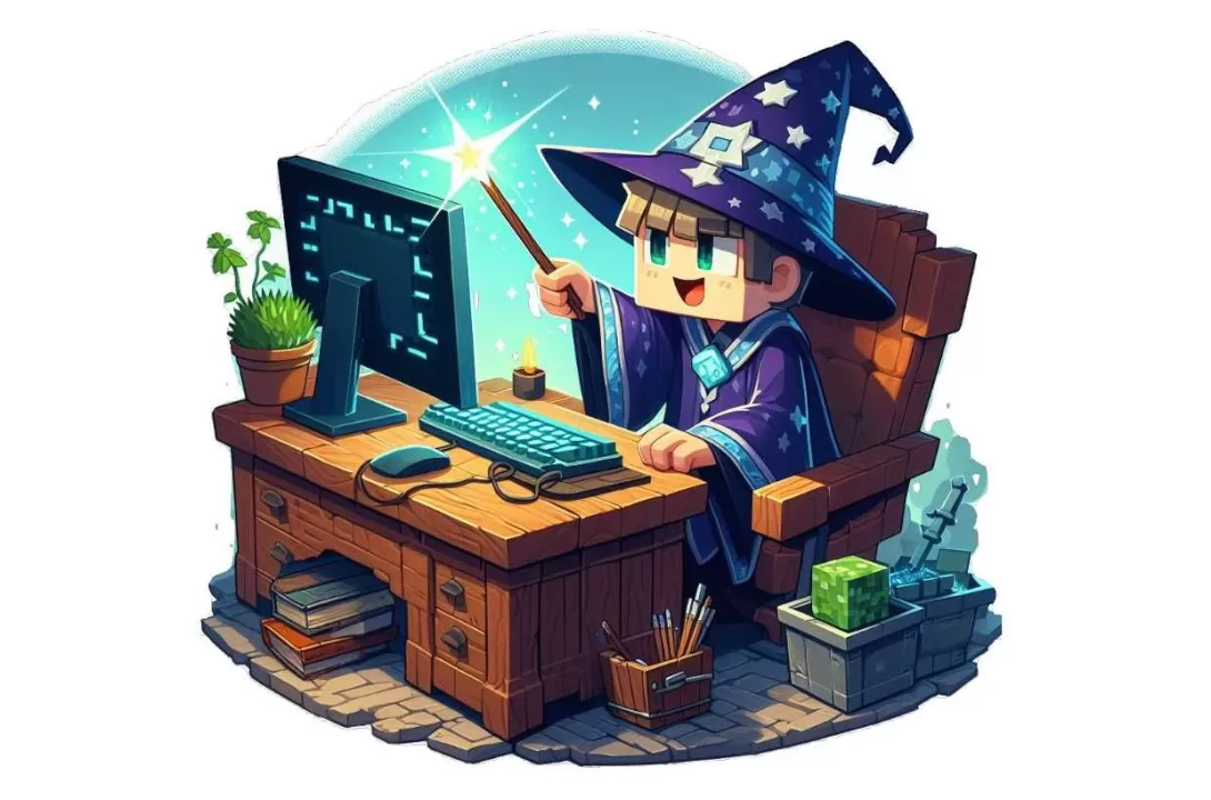 A wizard sitting in front of his computer waving his wand